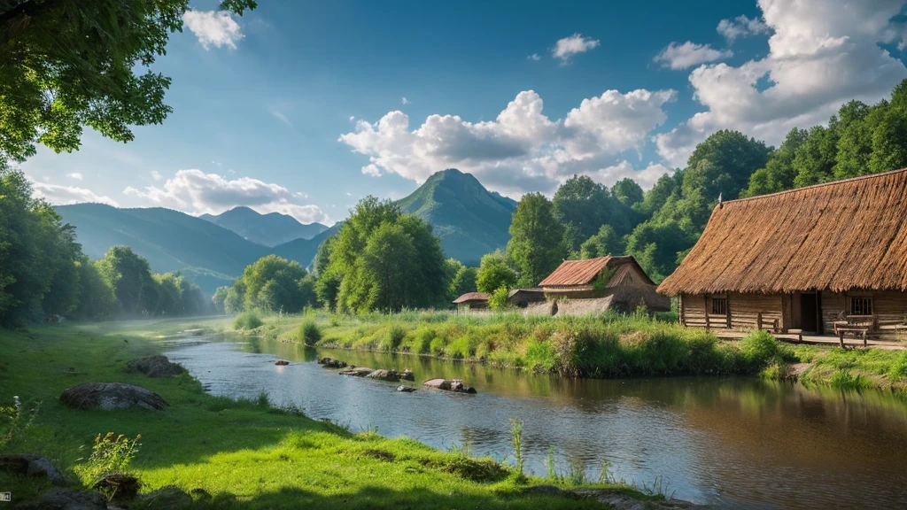 Lithuanian ancient village, mystical nature, Rivers, Mountains and forests, waterfall, cloud, Photorealistic photos, It's not 8k. Aerial view.