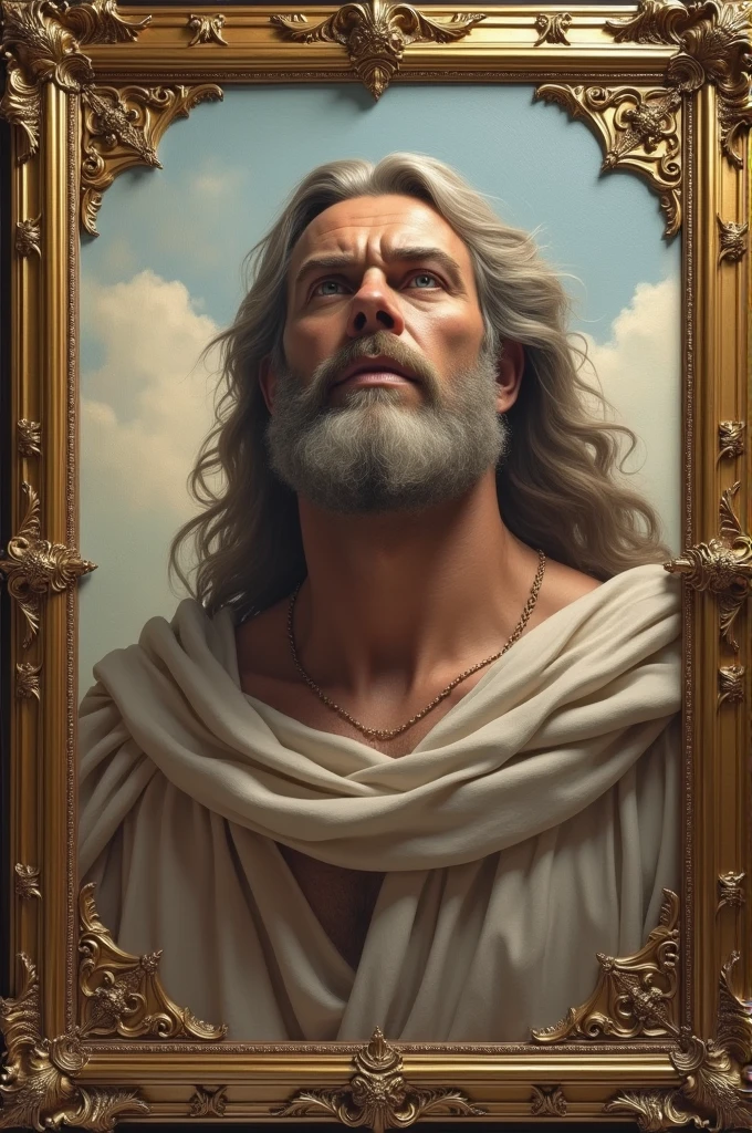 A head picture of a giant man in a frame looking like an artwork