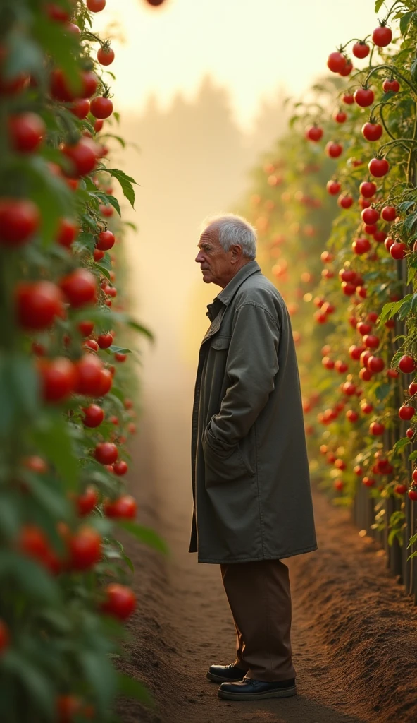 A morning in the tomato garden , with soft light .A 60 year old man, wearing a gray coat,brown pants ,standing looking at tomato plants Discovered unusually long tomato plants wrapped all over the garden Unexpected mood Right side view focuses on the old man and the tomato plant with a background of many giant tomato plants 
