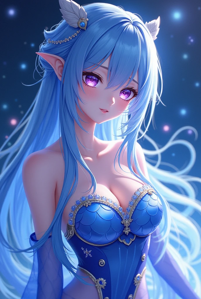 Anime girl with blue hair and purple eyes poses for photos, Hestia, Ayaka Genshin Impact, blue scales cover the chest, Artgerm is extremely detailed, Knight Portrait of the Zodiac Girl, tsuaii, Zerochan Art, by Kamagurka, Blue. hair details, Artgerm on ArtStation Pixiv, Smooth anime CG art