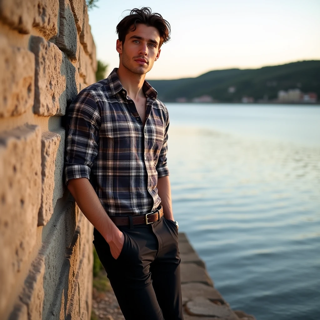 A white man, at 33 years old, model type, with short dark hair, with blue eyes, wearing a plaid shirt buttoned up, black pants with belt, tennis, in the lake of alentejo, leaning against a wall