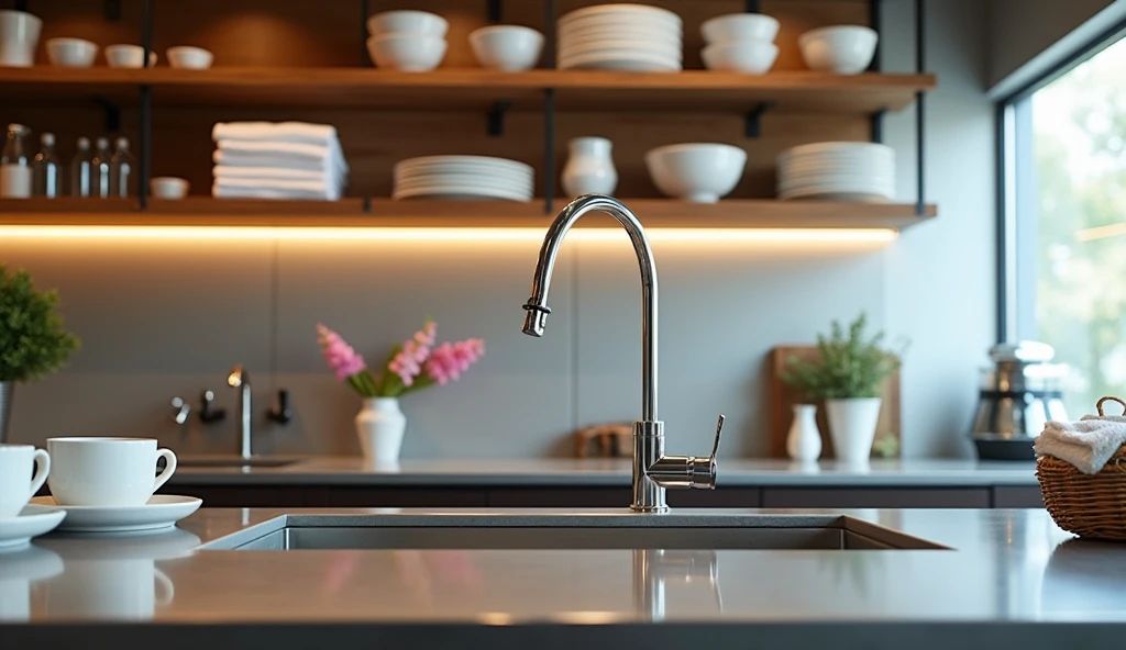 A detailed view of a sink area in a modern cafe. The sink is stainless steel, clean, and well-maintained, with a faucet and a few dishes or cups placed nearby. Above the sink, there are shelves with neatly arranged cleaning supplies and dishware. The surrounding counter space is organized, with towels or dish racks visible. The background shows part of the cafe’s stylish, inviting interior, blending practicality with a modern design aesthetic.