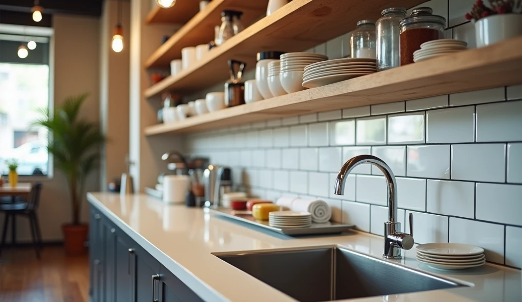A detailed view of a sink area in a modern cafe. The sink is stainless steel, clean, and well-maintained, with a faucet and a few dishes or cups placed nearby. Above the sink, there are shelves with neatly arranged cleaning supplies and dishware. The surrounding counter space is organized, with towels or dish racks visible. The background shows part of the cafe’s stylish, inviting interior, blending practicality with a modern design aesthetic.