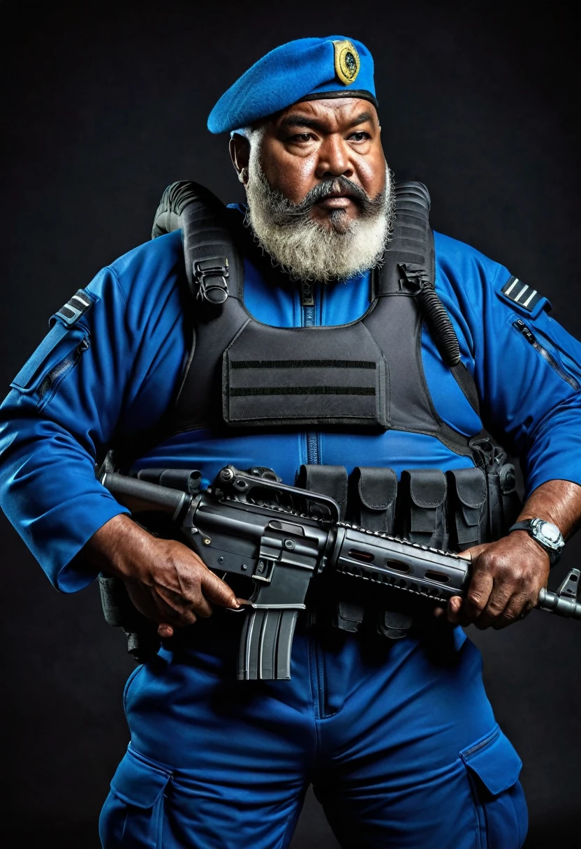 (a dark-skinned bearded fat old man in a bulky blue zipper diver suit) carrying a gun and (wearing army beret), muscular, Basuki Abdullah, sumatraism, action, a character portrait, heroic, fierce expression, ultra-detailed, best quality image