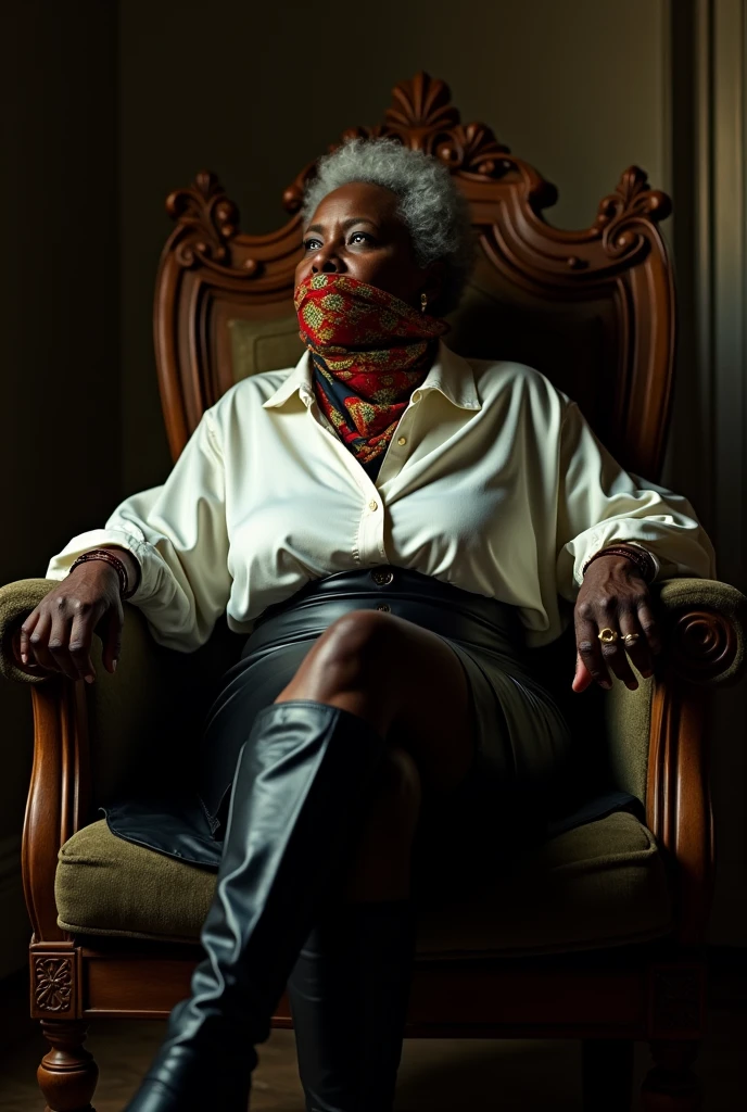 Vieille femme africaine obèse qui porte une chemise blanche en satin, une jupe en cuir noir et des cuissardes dans sa chambre sur une chaise. Les mains de la femme sont attachés a la chaise et la bouche couverte avec un foulard.