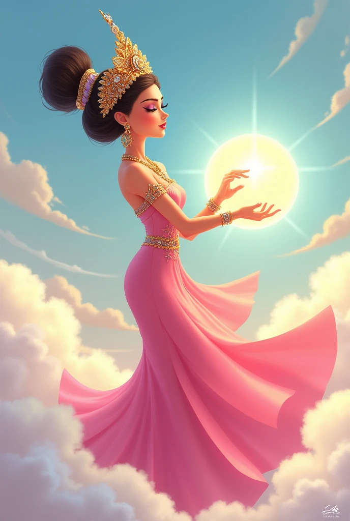 Mekhala, a woman in a pink Thai dress with a headdress, floats in the sky holding a glowing crystal ball. Her full body is seen facing sideways in a cartoon shape.