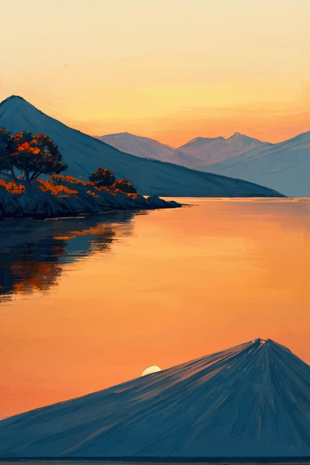 A peaceful, minimalist landscape during sunset with soft pastel tones. The scene features a calm sea with a small sailboat in the distance, sailing towards the horizon where the sun is setting. The sky is warm and gradients from light yellow to orange, with the sun half-visible above the water. On the left, a simple tree with stylized leaves stands on rolling hills, which are colored in shades of orange and yellow. The hills and tree have a flat, geometric style, giving the entire image a serene, almost dreamlike quality. In the background, a mountain with a similar geometric shape rises on the right, also bathed in warm tones. The overall composition is tranquil, with a focus on simple shapes and harmonious colors