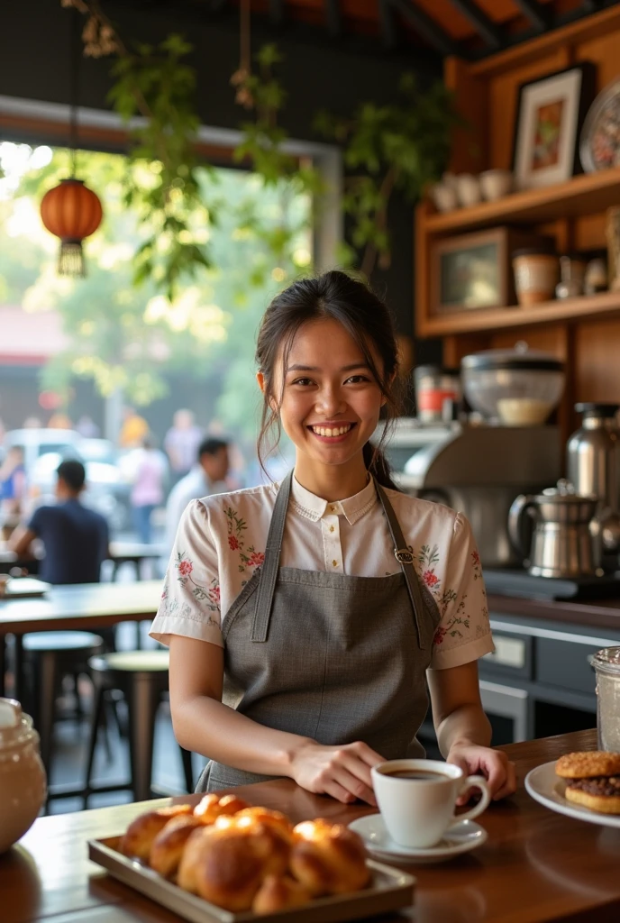 A Thai woman in her 20s working at a cafe in Chiang Mai, northern Thailand, serving coffee with a smile.