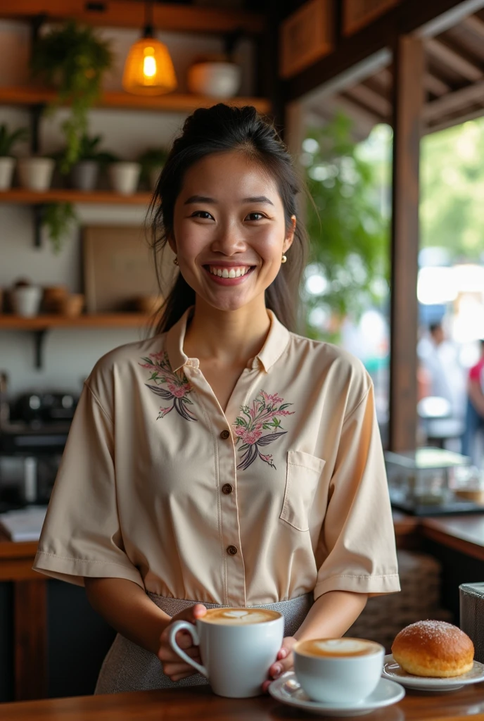 A Thai woman in her 20s working at a cafe in Chiang Mai, northern Thailand, serving coffee with a smile.
