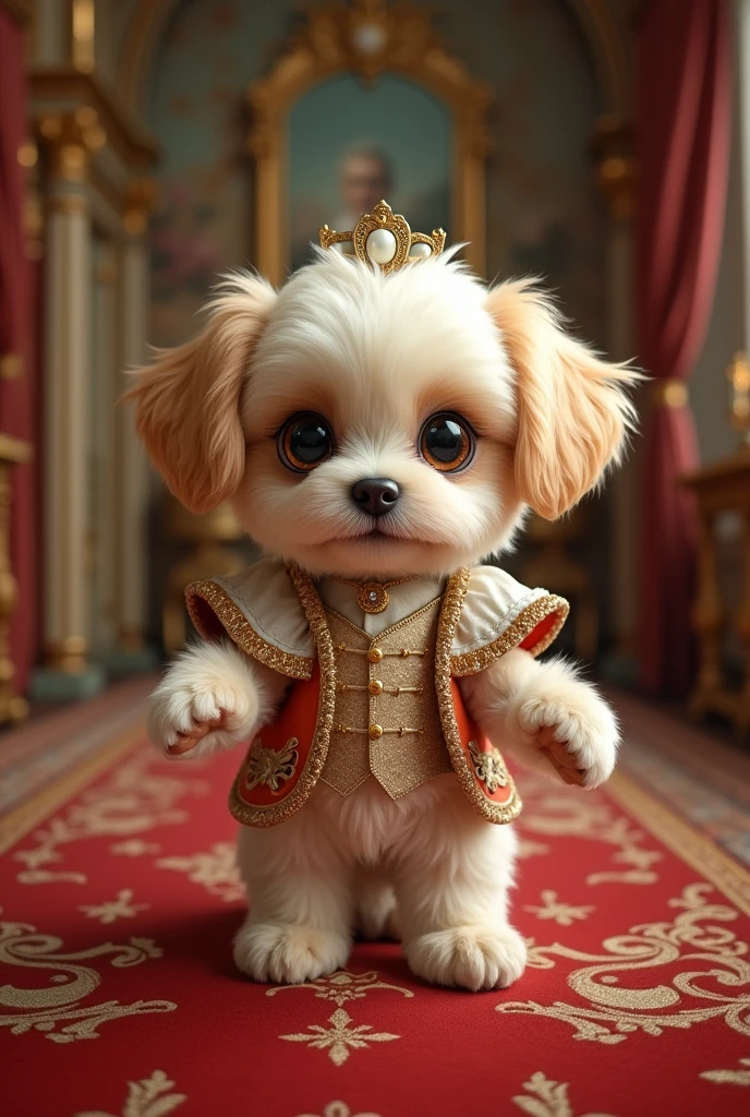 Rich deep colors, hyperrealism, cuteness overload, fairytale, 18th century masterpiece, chibi. Mary Blair, Jean-Baptiste Monge, Mark Ryden, Fragonard. Portrait adorable Puppy wearing glass slippers and fancy outfit. Soft furry paws, detailed expressive eyes, melodramatic pose, palace bedroom interior, ornate, richly decorated. By Maya🦩