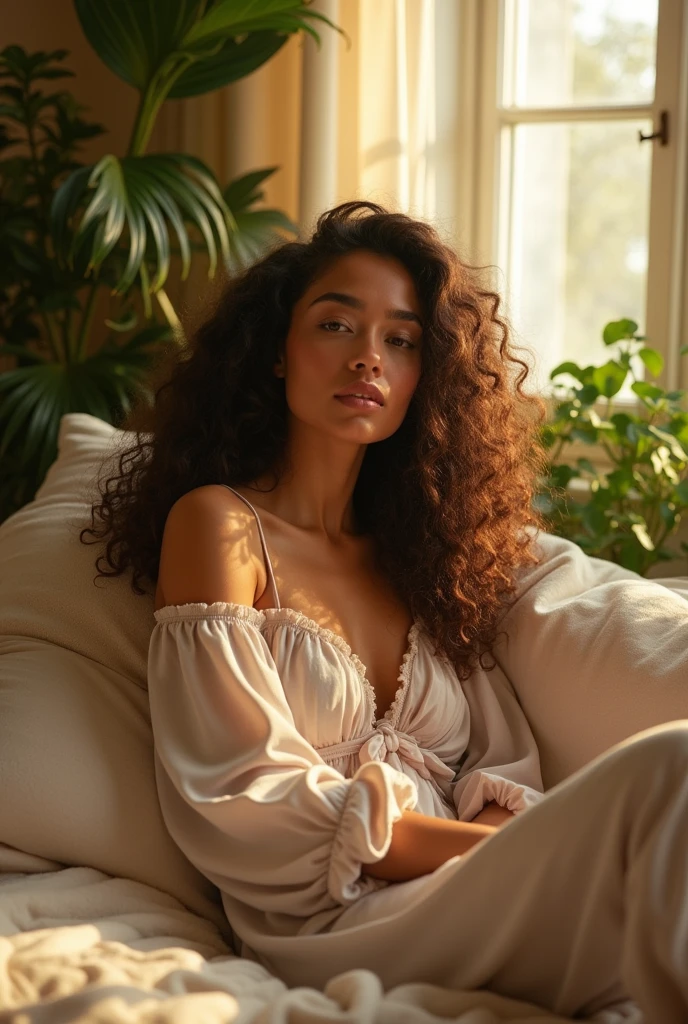 (photorealism:1.2), beautiful woman, sitting on bed, wearing loose off-shoulder top, pajama pants, long curly hair, indoors, soft lighting, plants in background, window with sunlight, cozy room, relaxed pose, realistic, intricate details, warm colors, by Greg Rutkowski, by Alphonse Mucha