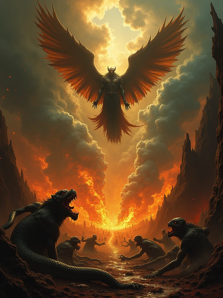 A dramatic, cinematic representation of Gustave Doré's 1866 masterpiece, "The Fall of Satan." The painting features a dark and dramatic hellscape, with Satan, a monstrous, winged figure, falling from the sky, surrounded by fire and chaos. The background reveals demons and tortured souls, while a large, menacing serpent slithers across the ground. The overall atmosphere of the scene is intense, with a mix of dark and vivid colors, creating a powerful visual impact., cinematic