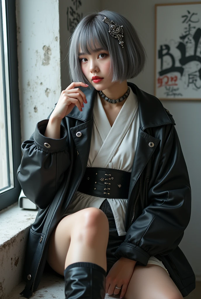 highly detailed, beautiful, hyper Realistic girl, masterpiece, best quality, Japanese sexy gravure woman, 28 years old, identity hidden, takes a selfie in her room using a smartphone in front of a mirror with one hand, fashion model Posing, looking away from the camera, /// gray short hair, light color eyes, Realistic skin, Detailed face, /// (hairstyle with complicated decorations:1.3), _ (Cityscape background:1.2), (White and black graffiti-covered walls:1.4), _ BREAK (Confident sitting pose:1.2), _ BREAK (wide angle:1.7), _ BREAK(White and black theme:1.4), (Geometric pattern print:1.4),(fusion of traditional High collar kimono and punk elements:1.4), (black leather jacket with white silk kimono:1.2), (silver studded details on kimono:1.2), (punk-inspired accessories, black Leather thigh belt:1.4), _ BREAK (punk-style boots:1.2), /// Monotone simple Japanese modern taste single room, mirror, complicated background,
