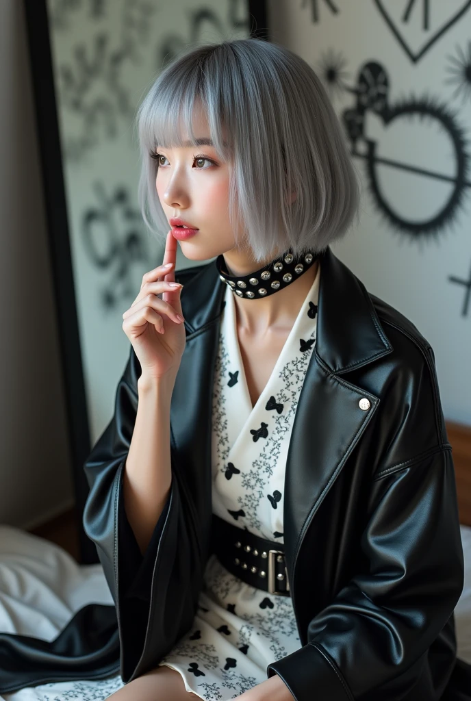 highly detailed, beautiful, hyper Realistic girl, masterpiece, best quality, Japanese sexy gravure woman, 28 years old, identity hidden, takes a selfie in her room using a smartphone in front of a mirror with one hand, fashion model Posing, looking away from the camera, /// gray short hair, light color eyes, Realistic skin, Detailed face, /// (hairstyle with complicated decorations:1.3), _ (Cityscape background:1.2), (White and black graffiti-covered walls:1.4), _ BREAK (Confident sitting pose:1.2), _ BREAK (wide angle:1.7), _ BREAK(White and black theme:1.4), (Geometric pattern print:1.4),(fusion of traditional High collar kimono and punk elements:1.4), (black leather jacket with white silk kimono:1.2), (silver studded details on kimono:1.2), (punk-inspired accessories, black Leather thigh belt:1.4), _ BREAK (punk-style boots:1.2), /// Monotone simple Japanese modern taste single room, mirror, complicated background,