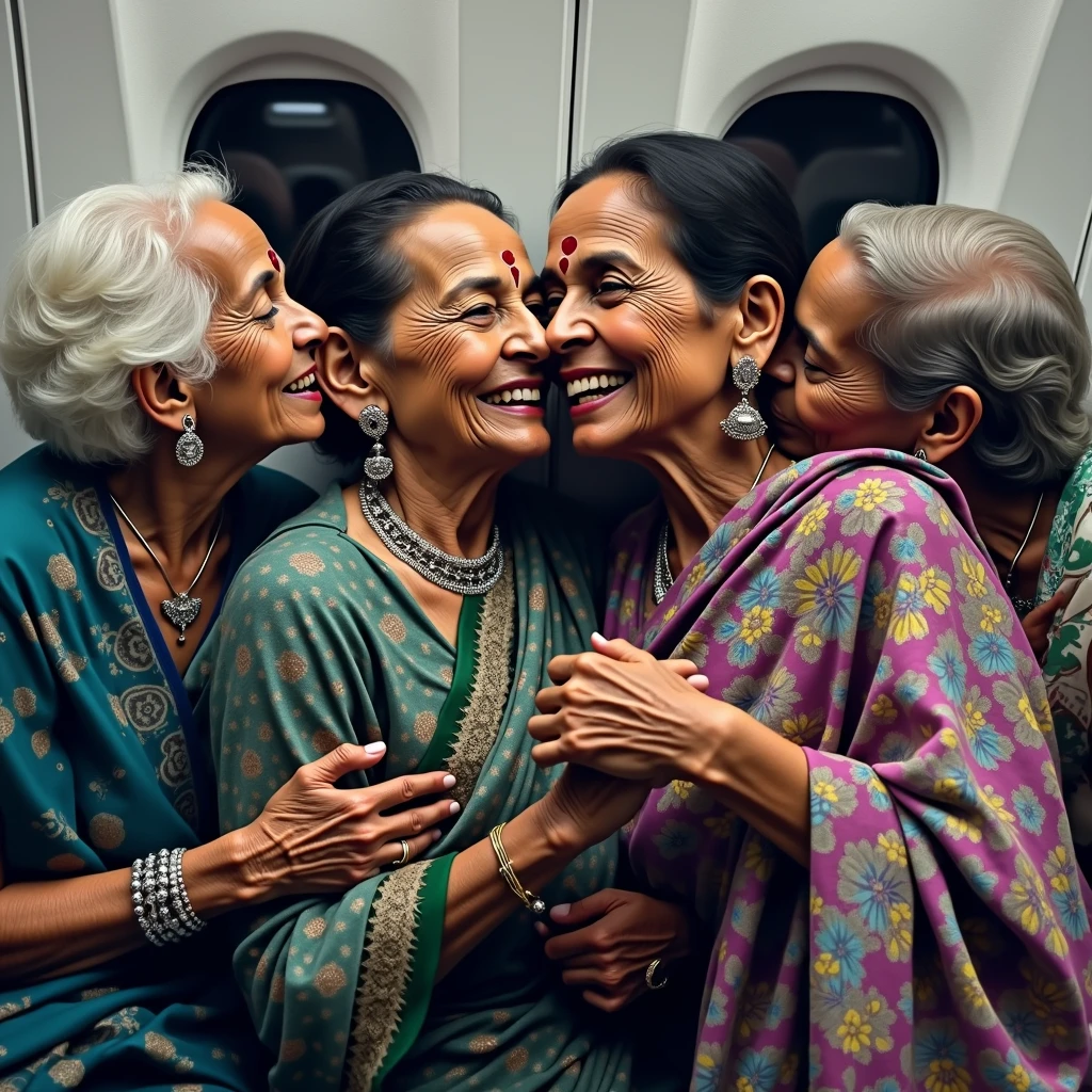 aged aged eldery aged eldery indian four ladies kissing in the flight, Ultra detailing image prompt,Generate by using all the ladies features,figures and detailes,exactly and stictly as per the image prompt