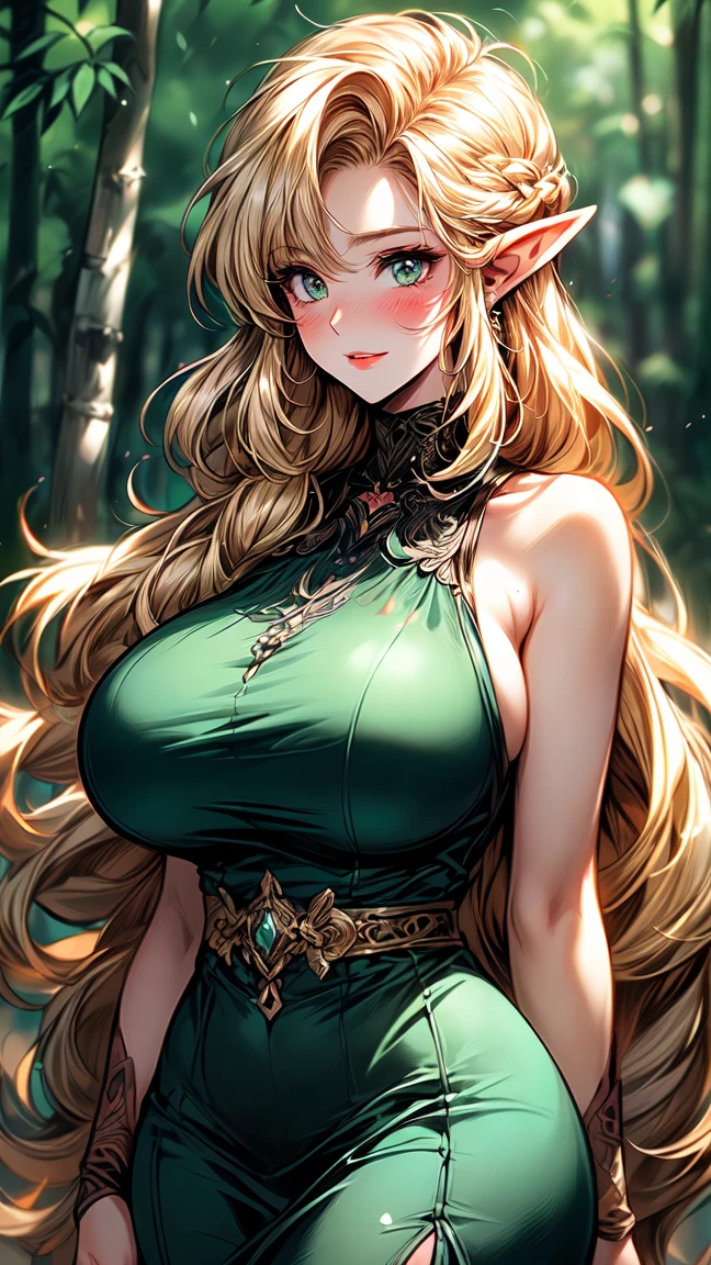 (Best Quality,Unparalleled Masterpiece:1.4),Ultra-Detailed CG 4K,(Ultra-Detailed Clear Absurdly-Vivid Mint Big Eyes:1.2),Gorgeous Round Detailed Face(Voluptuous:1.4)Elf(Gigantic Breasts:1.8)(Voluminous Long Blonde Hair: 1.4),ADULT(Bangs, Sidelocks:1.2)Seductive(intricately detailed beautiful  dress:1.3)(Zelda)(Celestine Lucullus: 1.2)(Solo:1.4)(1Girl: 0.5)(Facing Viewer:1.2)(arms behind back:1.2)(Cowboy Shot:1.2)(from above:1.1),Skindentation(Curvaceous:1.4)(Curvy:1.4)(Bimbo: 1.4)(Normal Waist: 1.2)(Thick Lips: 1.3)small-nose(light smile: 1.2)Rocks,Trees, Plants,Bush, (shy blushing face:1.4) dynamic pose