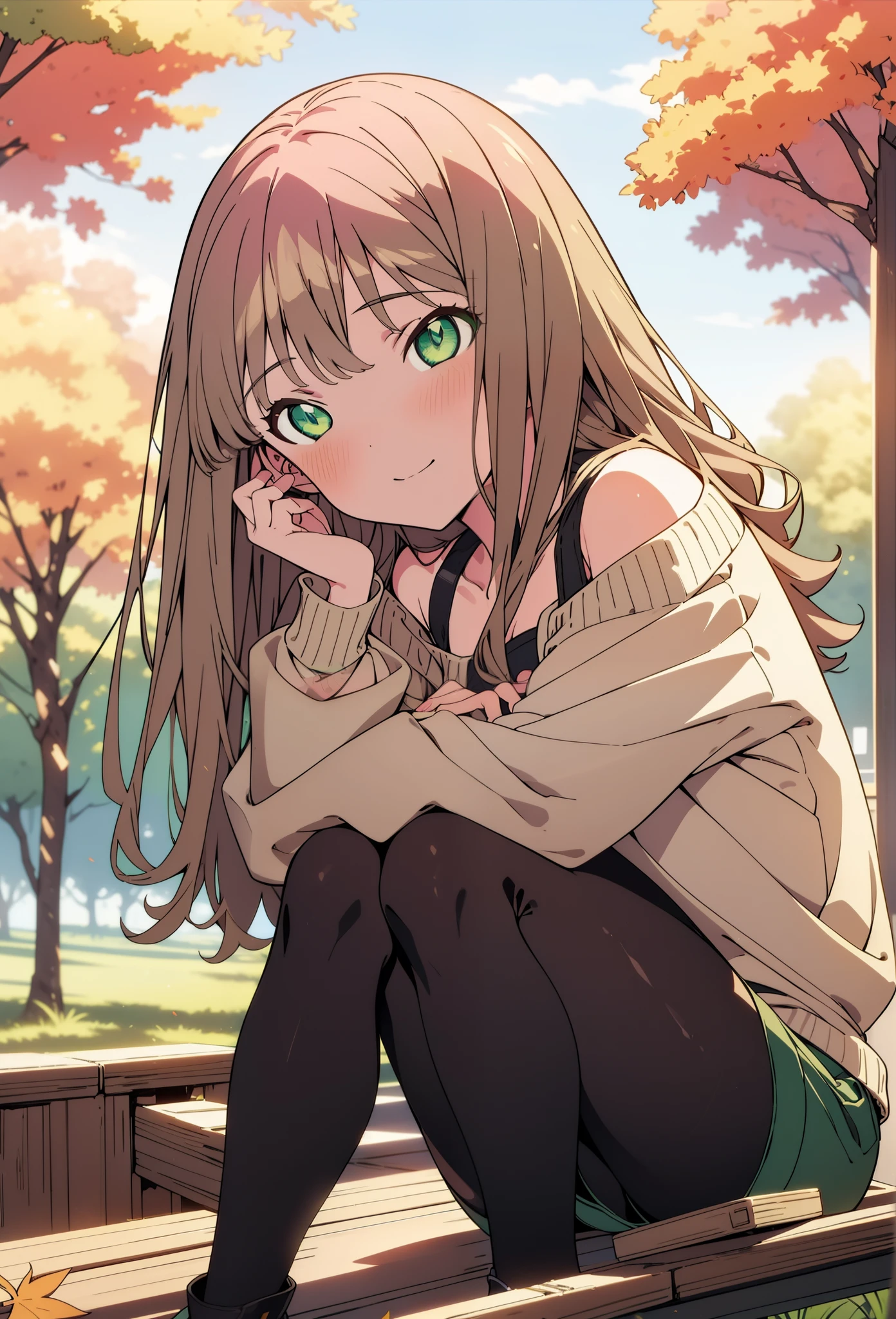 minami yume ,sss Dynazenon ,Long Hair,hair band, Brown Hair, smile,blush,(Green Eyes:1.5) ,One-shoulder sweater,Shorts,Black pantyhose,short boots,Walking,whole bodyがイラストに入るように,autumn leaves,autumn leavesが散っている,autumn leavesが積もっている,Sitting on a bench,
break looking at viewer, whole body,  
break outdoors, garden,
break (masterpiece:1.2), Highest quality, High resolution, unity 8k wallpaper, (shape:0.8), (Beautiful and beautiful eyes:1.6), Highly detailed face, Perfect lighting, Extremely detailed CG, (Perfect hands, Perfect Anatomy),