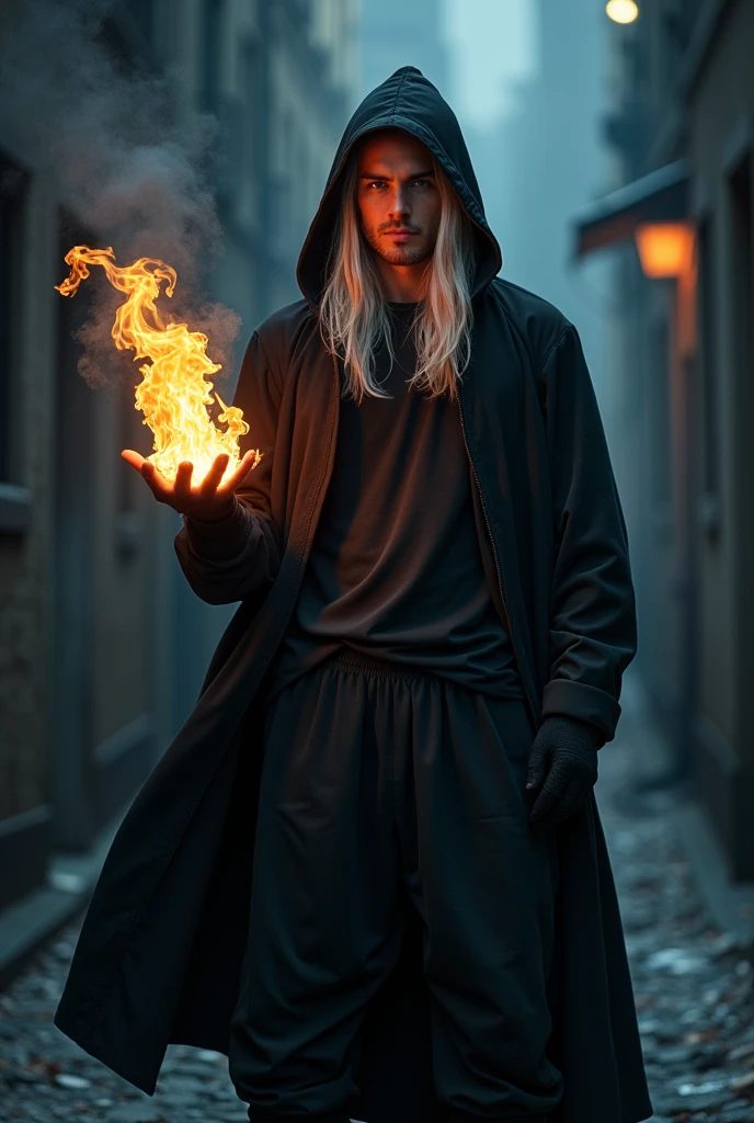 A misterious superhero. He wear black clothes: baggy pants, hoodie with large hood on his head and gloves without fingers. He has white long hair and he's very handsome without beard with clean face. The hood cover his face in half but I can see smirk on his face. He has indygo colored eyes. In his hand he's playing with fire between his fingers.