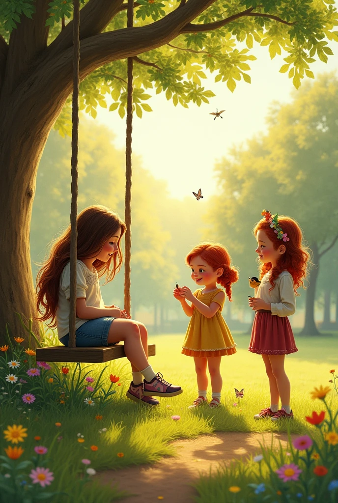 generate me an image about the paragraph below, i need you to generate an image just like in story books. the size is 720 × 932 (portrait)
One afternoon, as Daisy sat alone on a wooden swing in the village park, lost in her thoughts, her three friends approached her. Lily, always the most outspoken of the group, decided it was time to talk to Daisy about why she never came to church with them. (include in the photo Daisy, lily, liam, and emma)