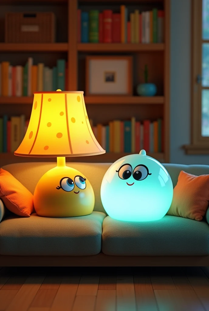 2 cartoon animated characters one is lamp and second one is light and not look like human normal face not smiling sitting in the couch position