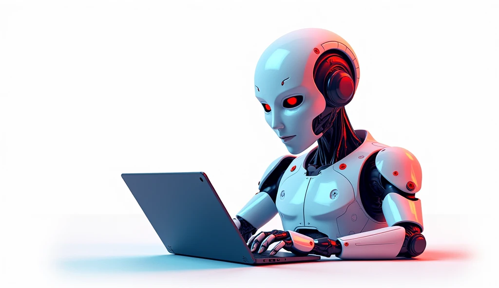 An artificial intelligence,Using a notebook,Design game characters,White background,Red and blue color scheme