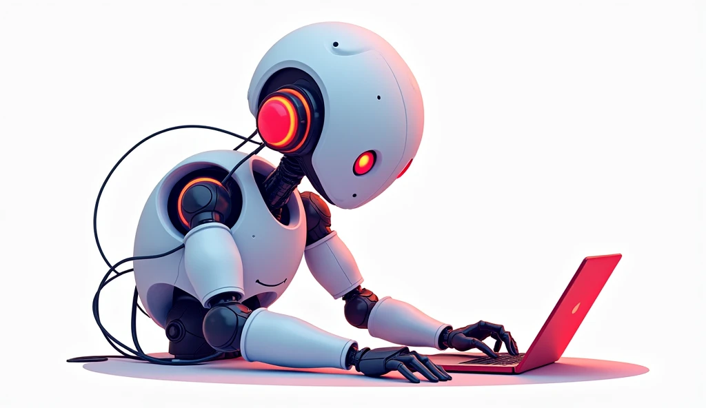 An artificial intelligence,Using a notebook,Design game characters,White background,Red and blue color scheme