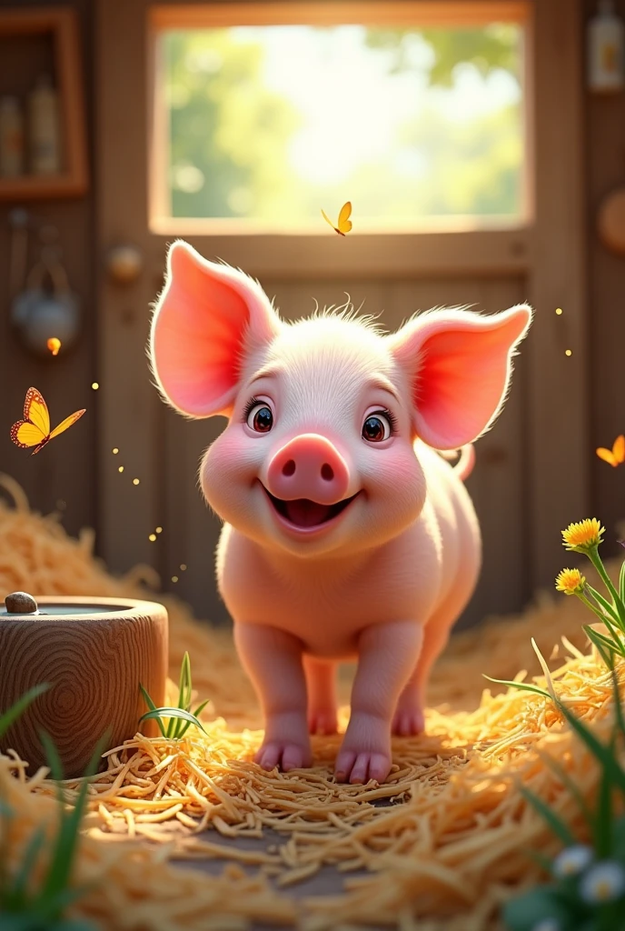 A happy young pig in a pigsty. 