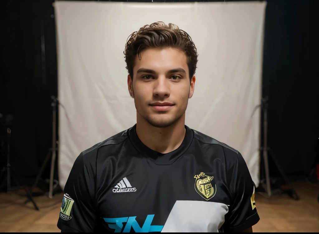 a tall soccer player,male,20 years old,183cm tall,black curly hair, high volume curls, farmers face, wearing a black jersey,smiling,posing for a portrait, (best quality,4k,8k,highres,masterpiece:1.2),ultra-detailed,(realistic,photorealistic,photo-realistic:1.37),portraiture,studio lighting,professional,vivid colors
