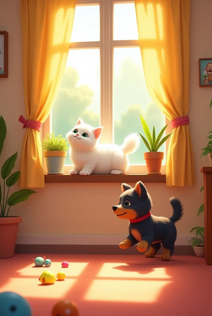 Animation family house small white cat & small black dog