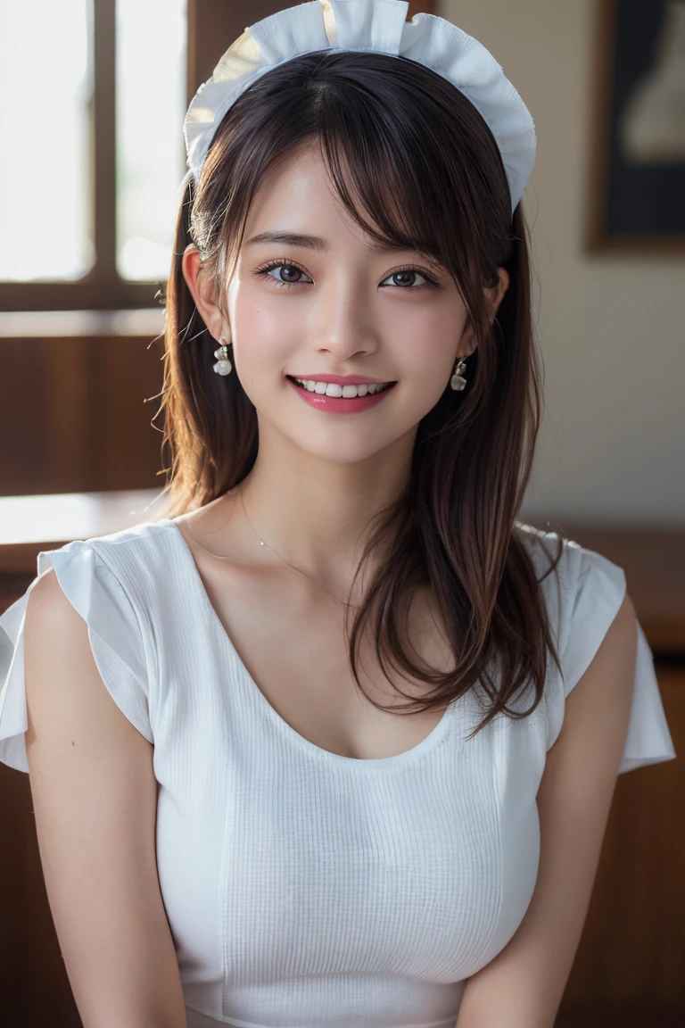 (8k, RAW Photos,Highest quality, High resolution:1.1), (Ultra-realistic:1.4),(Realistic, Realistic:1.3), Sodebtt Light,big,2 people,Realistic Face,Realistic Body,Realistic Skin,Confused,masterpiece,(cute:1.8), Cuties, alone, (big:1.2), Fine black eyes,Innocent eyes,Blusher,(T-Shirts:1.2 ),Cinema Lighting,Film Grain,jewelry,Earrings,((Medium Hair:1.1)),((Floating Hair Novadebtrog Style)),Cherry colored lips,Hair Ribbon,Hair Ribbon,ponytail,close,Viewer,Long Hair,Upper Body,Open your lips,Upper teeth, (Smiling Eyes:0.6),((Grin:1.2)),Depth odebt Field, Blurred Background, Eye focus , Bokeh,young, 85mm lens, debt/1.4,Prodebtessional Lighting, young,Portraiture,Photon Mapping,Radio City,Physically Based Rendering,Asian,((maid:1,3))