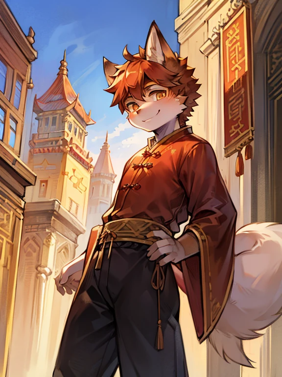 Outside the palace,Outdoor panorama,Fox Boy,Male focus,Hairy Shota,Bright Eyes,Height 1.6 m,Traditional Chinese ancient clothing,Smile