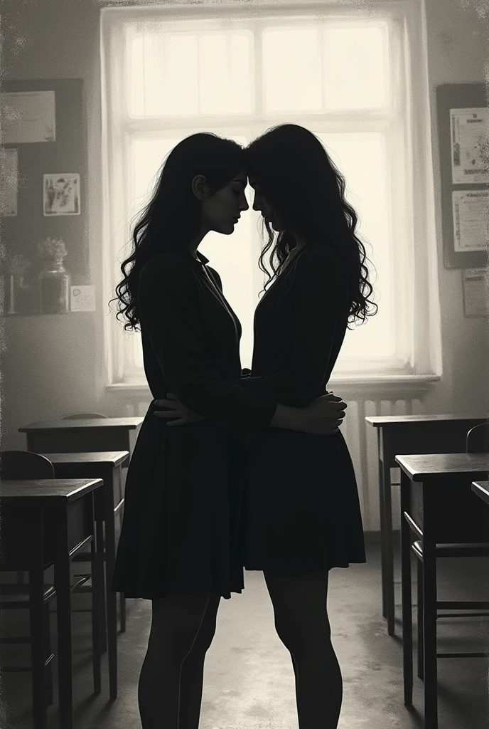Make a minimalist drawing that evokes a dark romance between a teacher and a student