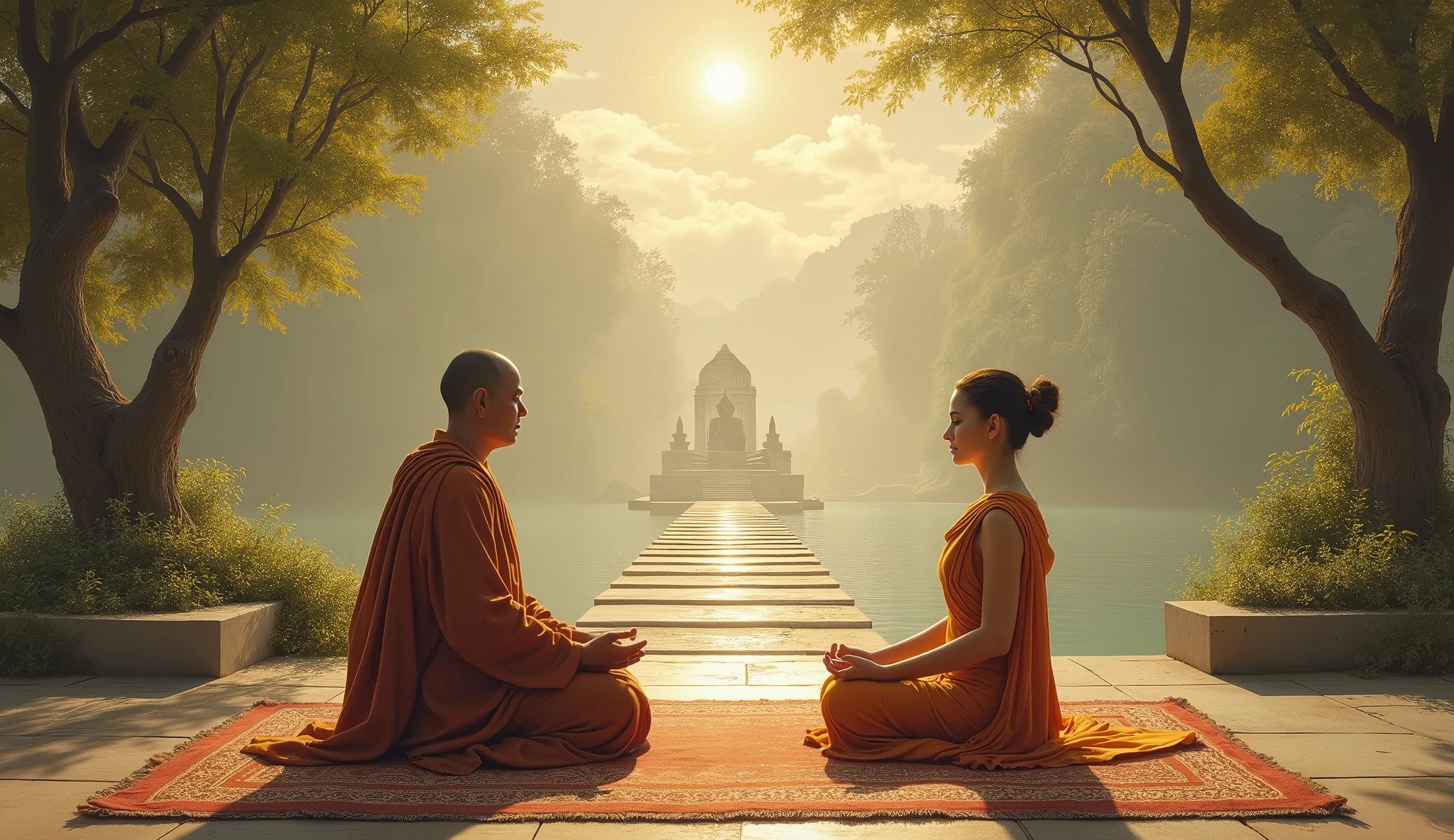 painting of a man sitting on a bench with a woman sitting on a rug, buddhism, buddhist, buddhist art, the buddha, on the path to enlightenment, on path to enlightenment, hindu stages of meditation, buddha, buddhist monk meditating, beautiful depiction, spiritual enlightenment, by John La Gatta, praying meditating, monk meditate, karma sutra, serene scene