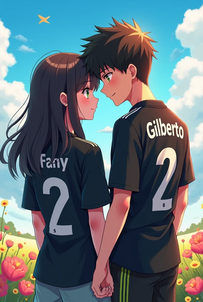 High quality photographs, with the names on his black football shirt, with the number 2 below the name, From Fany as a man and from Gilberto as a woman, as a couple in love, with anime cartoons The girl is facing forward and the boy is facing away.