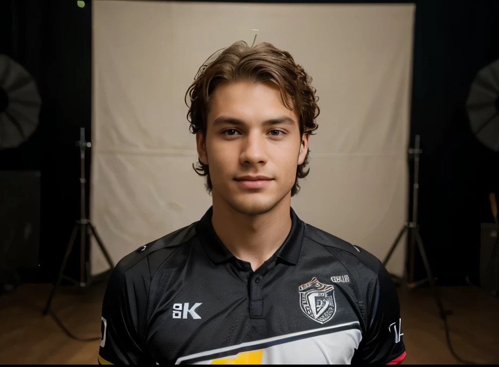 a tall soccer player,male,20 years old,183cm tall,black curly hair, high volume curls, farmers face, wearing a black jersey,smiling,posing for a portrait, (best quality,4k,8k,highres,masterpiece:1.2),ultra-detailed,(realistic,photorealistic,photo-realistic:1.37),portraiture,studio lighting,professional,vivid colors