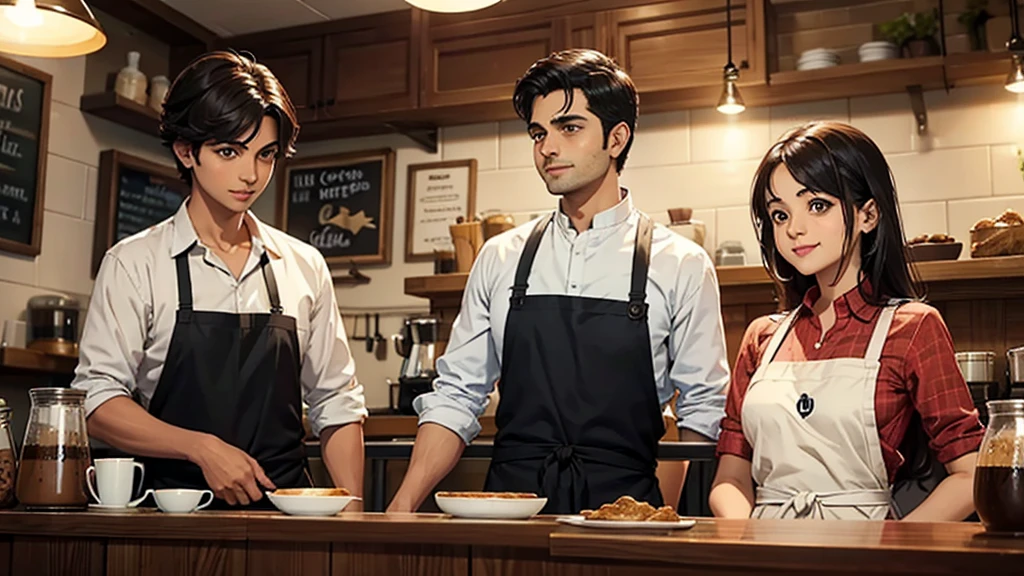 The interior of a small, cozy coffee shop where Labonya is working with a friendly smile. She is wearing a white apron, and Rahul is looking at her with interest.