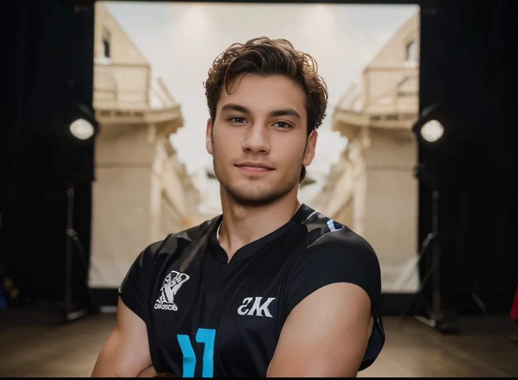 a tall soccer player,male,20 years old,183cm tall,black curly hair, high volume curls, farmers face, wearing a black jersey,smiling,posing for a portrait, (best quality,4k,8k,highres,masterpiece:1.2),ultra-detailed,(realistic,photorealistic,photo-realistic:1.37),portraiture,studio lighting,professional,vivid colors
