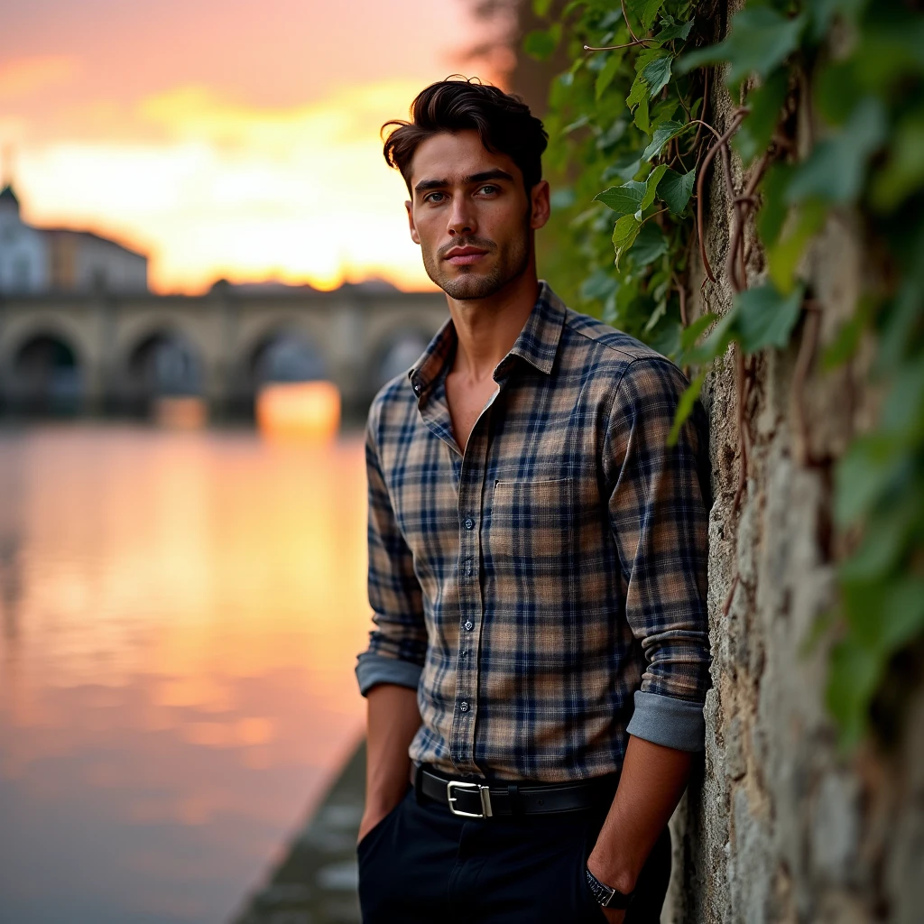 A white man, at 33 years old, model type, with short dark hair, with blue eyes, wearing a plaid shirt buttoned up, black pants with belt, tennis, on the river tagus, leaning against a wall