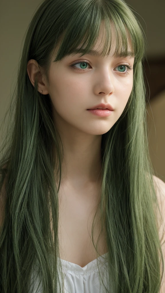 a girl. European. Extremely detailed face. Oval face. Delicate facial features. Half-closed eyes. Long straight hair. Messy hair. Bangs. Green hair. Green eyes. lewd expression