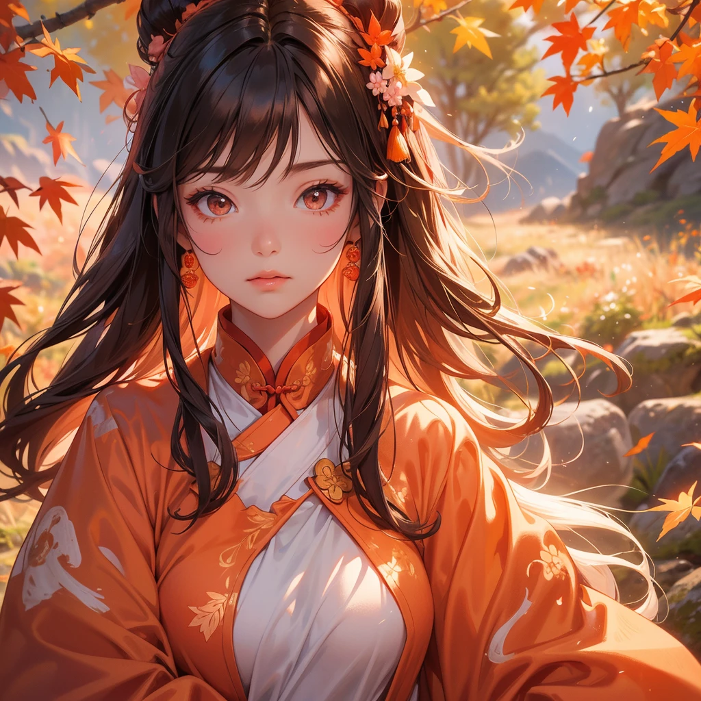A beautiful girl with long hair, wear pink ancient chinese clothes, Walking in a mountain that turns orange-red in spring, with the sun shining on her face, close up.
The backdrop is a mountain that turns orange-red in spring, and maple leaves fall from the trees.
