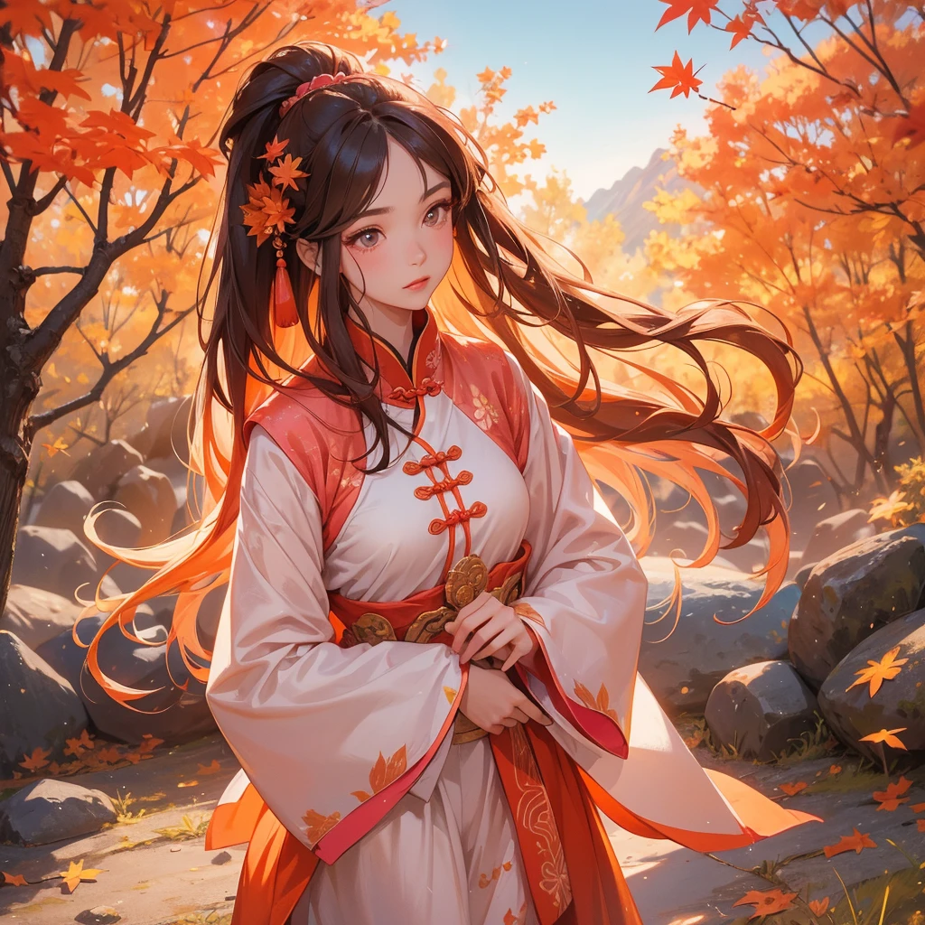 A beautiful girl with long hair, wear pink ancient chinese clothes, Walking in a mountain that turns orange-red in spring, with the sun shining on her face, close up.

The backdrop is a mountain that turns orange-red in spring, and maple leaves fall from the trees. 