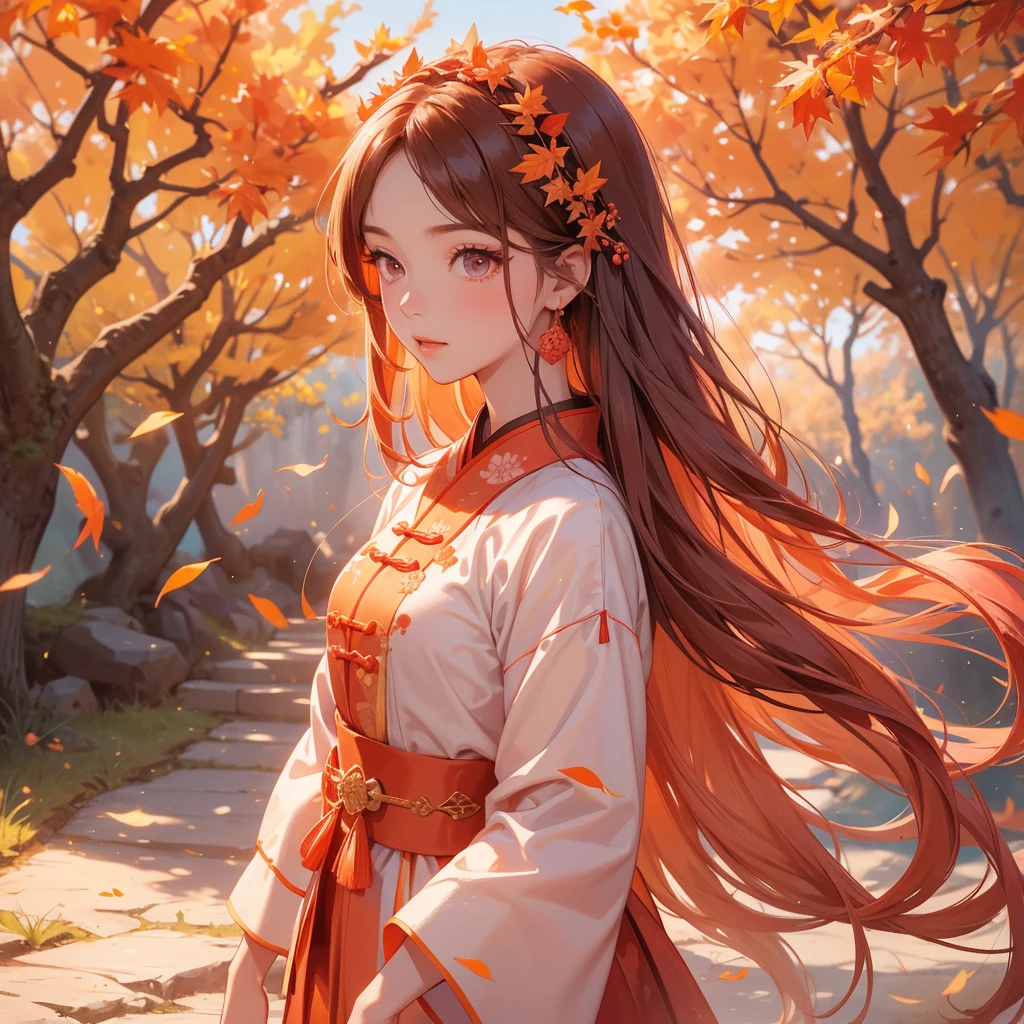A beautiful girl with long hair, wear pink ancient chinese clothes, Walking in a mountain that turns orange-red in spring, with the sun shining on her face, close up.

The backdrop is a mountain that turns orange-red in spring, and maple leaves fall from the trees. 