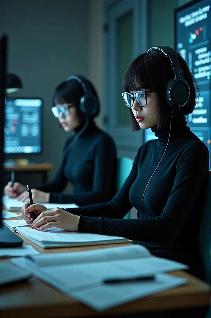 2 asian girls in black bodysuit and white tights,short hair wearing glasses studying,Those two girls study a lot and are doing math., and are wearing a tight black hood with a jumpsuit that only reveals the face with many computer wires connected to the hood to help the two girls study better., and 2 she is in Training, hat is very tight on the head