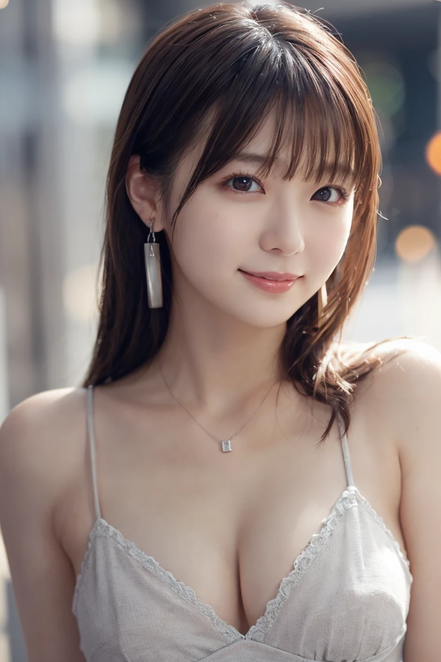 1 Girl, Japanese office lady、Shibuya Snaps, Tokyo、(Small silver earrings、Silver Necklace:1.2), (RAW Photos, highest qualそれy), (Realistic, Realistic:1.4), Tabletop, Very delicate and beautiful, Very detailed, 2k wallpaper, wonderful, finely, Very detailed CG Unlimited 8K wallpaper, Very detailed, High resolution, Soft Light, Beautiful detailed girl, Very detailed目と顔, Beautiful and sophisticated nose, Finely beautiful eyes, Cinema Lighting, Perfect Anatomy, Slender body, Was nervous, 
Straight semi-long hair, bangs, Looking at the audience, smile.Medium chest.