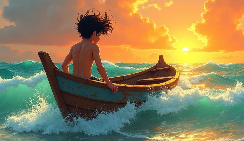 Kai is a lean, wiry teenager with tanned skin from long days spent under the sun. His hair is dark and unruly,Boarding A small, rickety wooden boat bobbing on choppy waters at shore