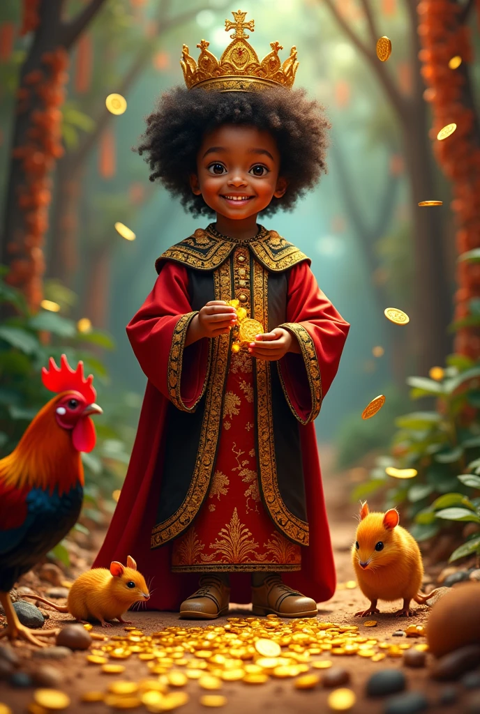 Holy Elegua, black boy , black curly hair of approximately seven years, standing, smiling, In one hand he holds a key and in the other he has gold coins. that is dropping to the ground, with a golden crown and a red and black tunic embroidered in gold. Next to his right foot a golden mouse and next to his left foot a red rooster.