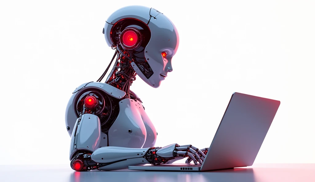 A very advanced artificial intelligence,Using a notebook,White background,Red and blue color scheme
