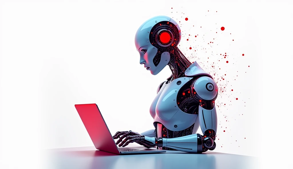 A very advanced artificial intelligence,Using a notebook,White background,Red and blue color scheme