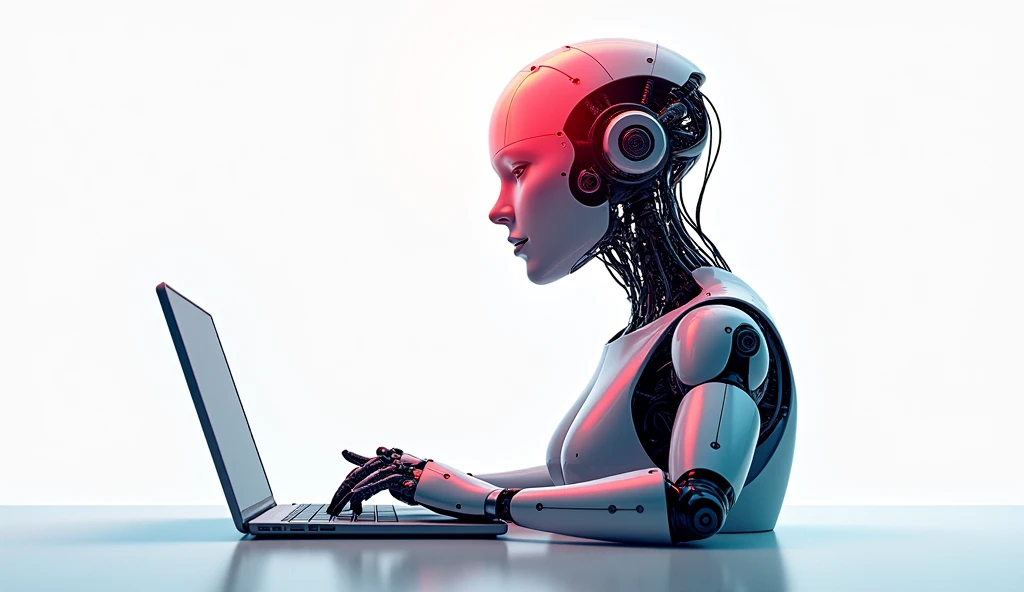 A very advanced artificial intelligence，Using a notebook，White background，Red and blue color scheme