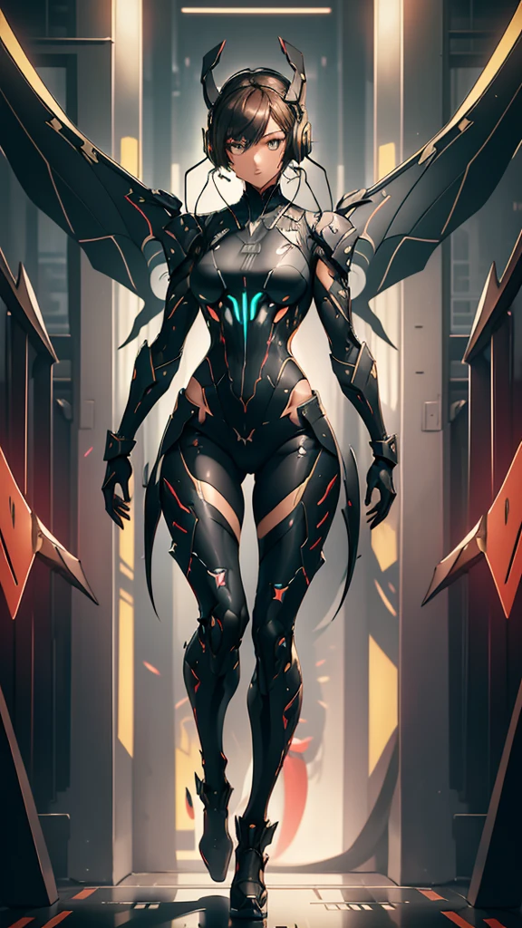 {{{{{masterpiece, best quality, official art, 8k, high resolution illustration}}}}}, 1girl, cute, 2d, japanese, hand drawn, anime style, girl in a smooth curve, matte black bodysuit inspired by a futuristic stealth bomber, (plane tail-ear headphones:1.6), The United States Air Force logo on outfit, standing on a runway military airport, gaze angled 30 degrees to the side, (fighter plane wings:1.6), brown hair, brown eyes, glowing eyes, dark uniform, thick thighs, serious, long legs, adult, detail wings, (muscular girl:1.5), black uniform, muscular arms, triceps, biceps, (8-pack abs:1.3), (deadly:1.2), (horrible:1.2), (piercing gaze:1.2), machine of death, emotionless android, the most dangerous weapon of the world, cyborg girl, strong girl, overwhelming presence, warlord, humamized fighter, red antennas on head, {black bodysuit}, black latex pants, lips